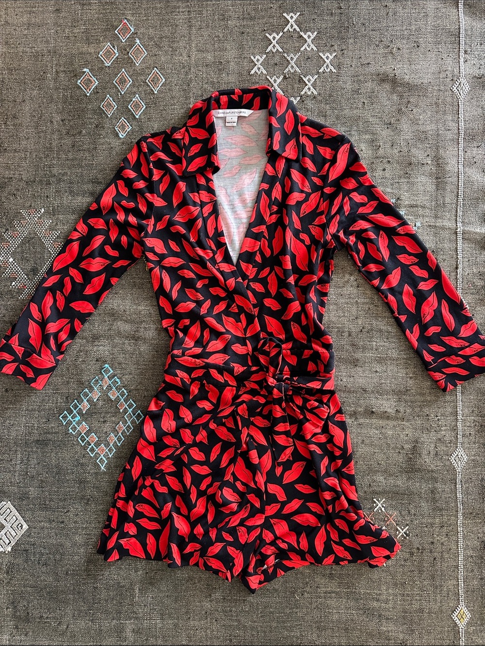 Diane Von Furstenberg Silk Black and Red Lip-Print Wrap Romper DVF